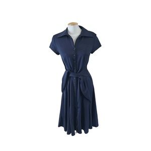 Navy Blue Short Sleeve Button Down Shirt Dress with Tie Waist Size 8